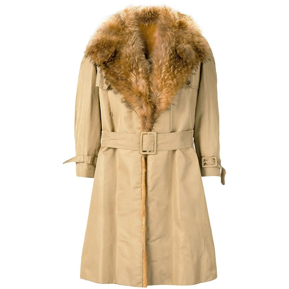 Unsigned Beige Fabric and Fox Fur Trench - '70s Beige Good - Front View