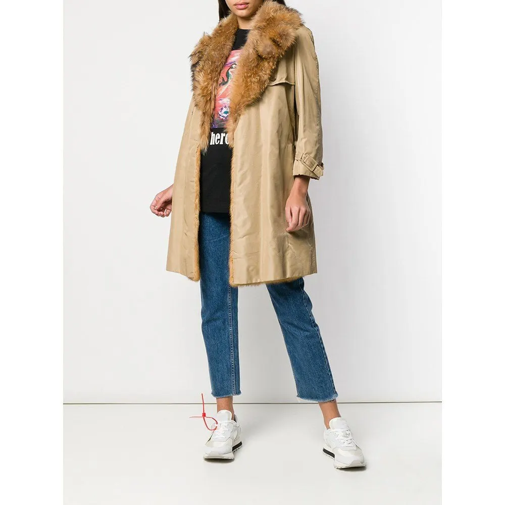 Unsigned Beige Fabric and Fox Fur Trench - '70s Beige Good - Back View