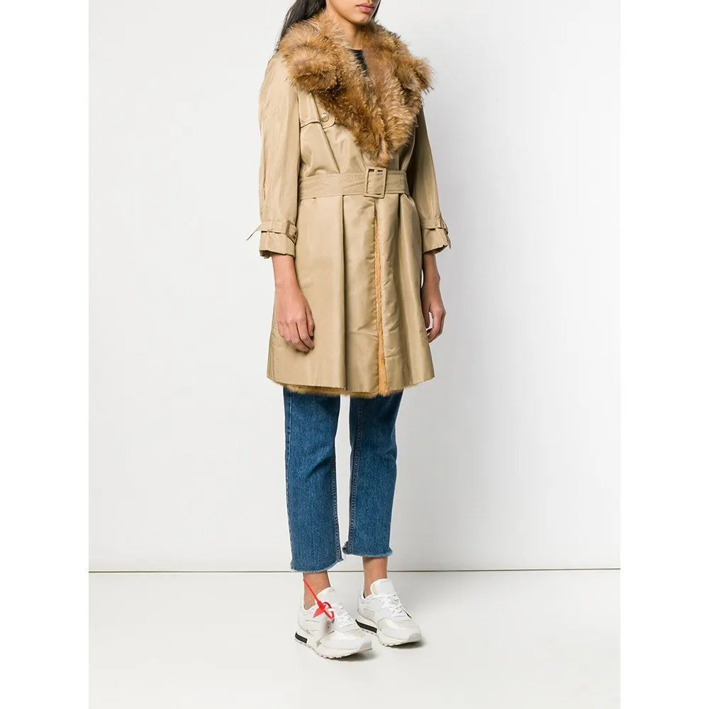 Unsigned Beige Fabric and Fox Fur Trench - '70s Beige Good - Inside View