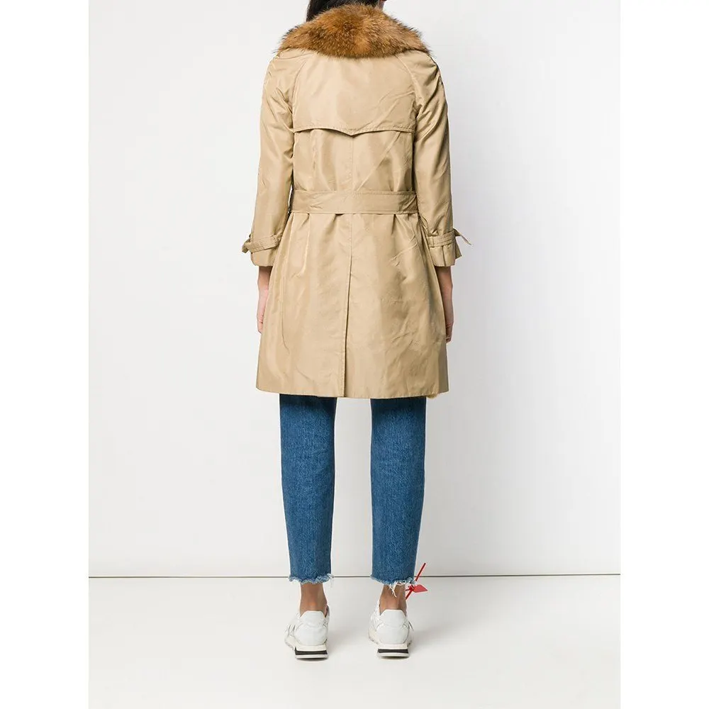 Unsigned Beige Fabric and Fox Fur Trench - '70s Beige Good - Model View