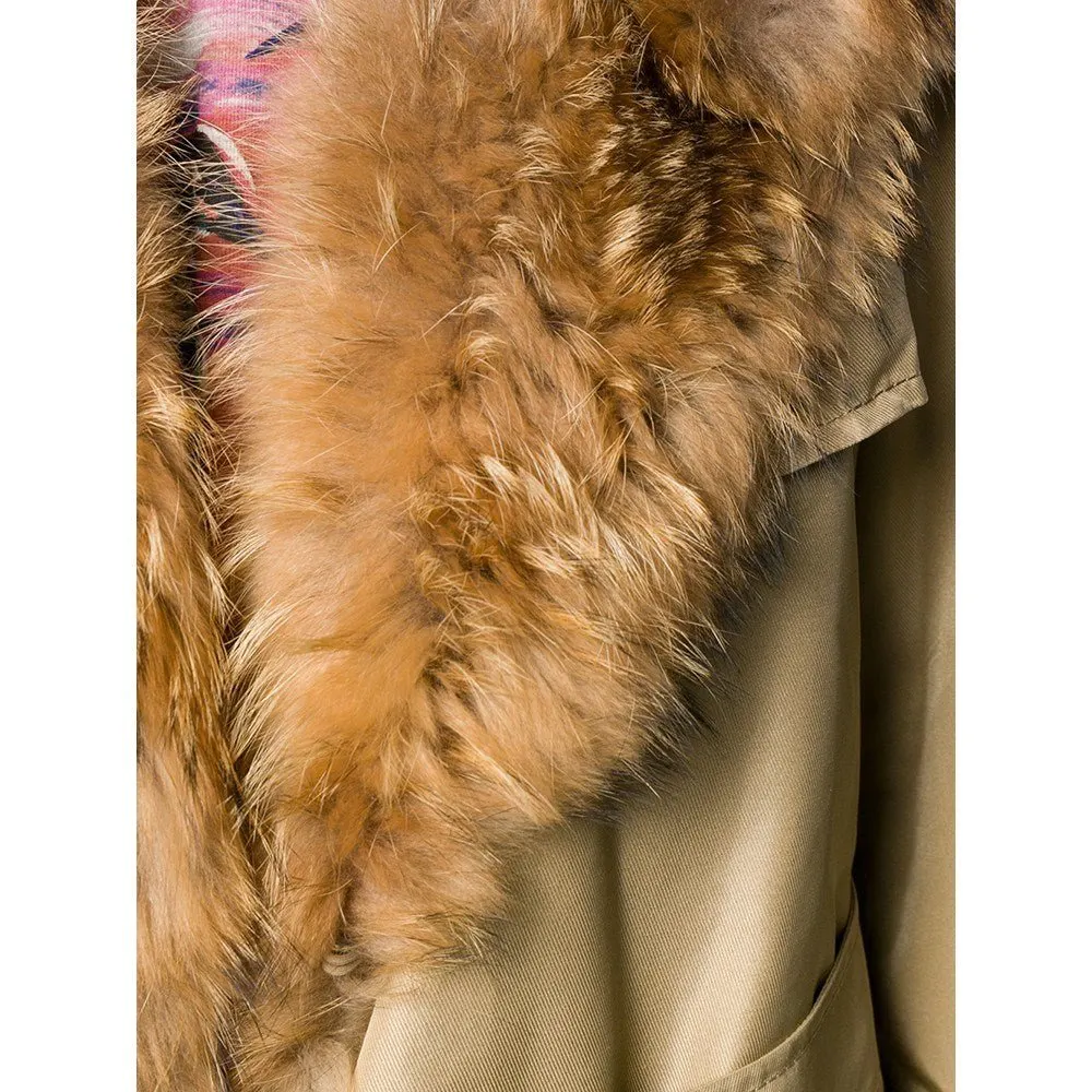 Unsigned Beige Fabric and Fox Fur Trench - '70s Beige Good - Box View