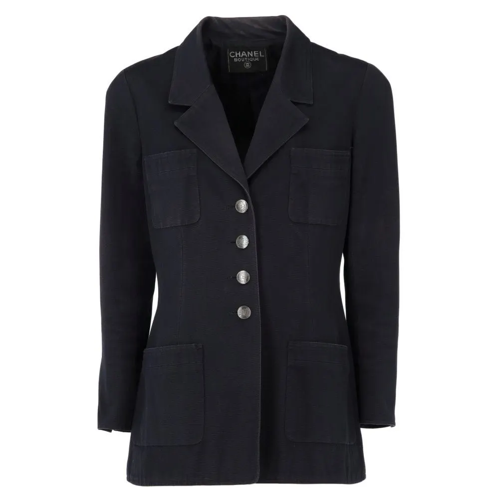 Chanel Navy Blue Ribbed Cotton Jacket - '90s Navy Cotton Good - Front View