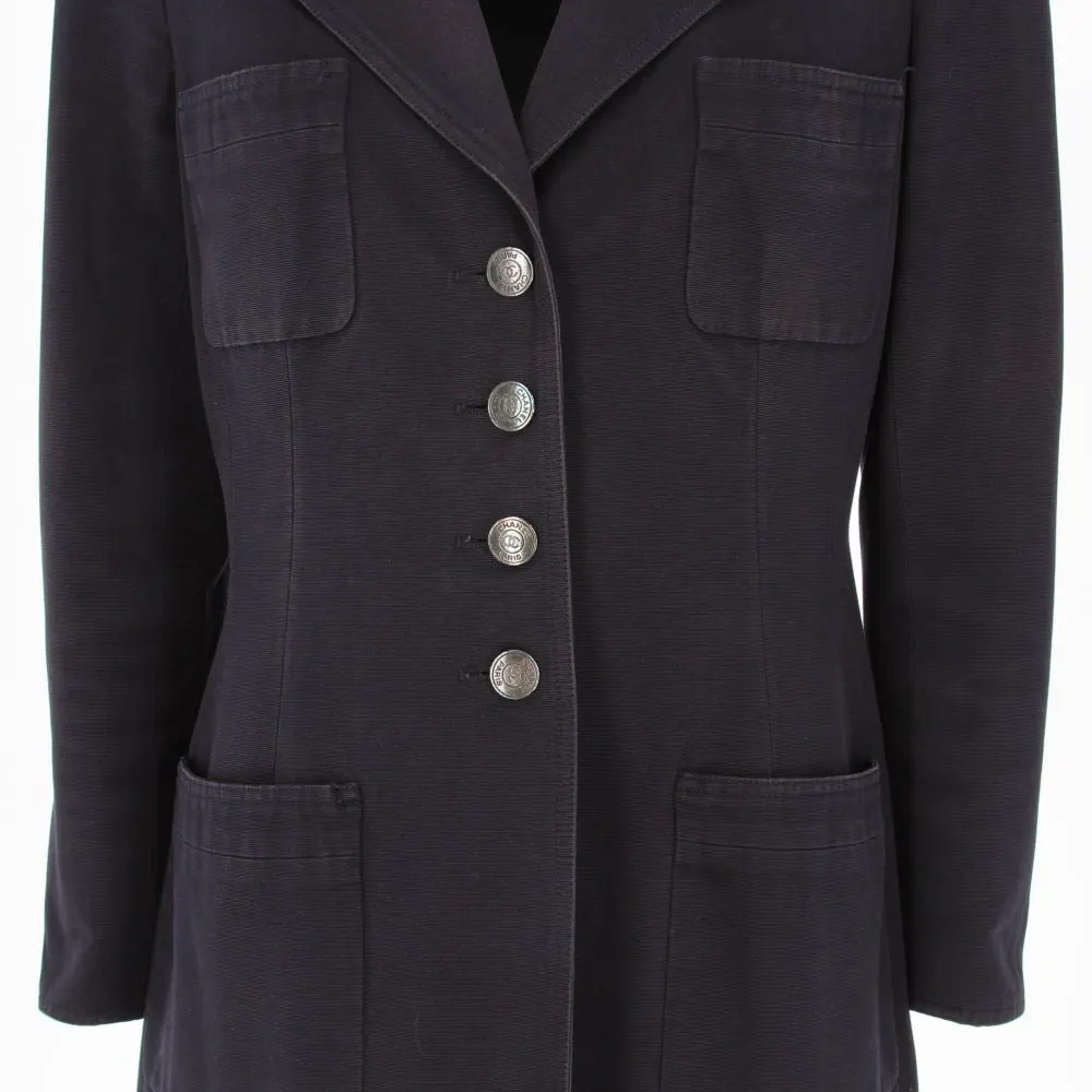 Chanel Navy Blue Ribbed Cotton Jacket - '90s Navy Cotton Good - Model View