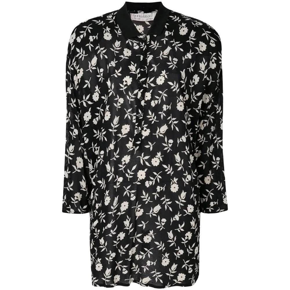 Gianni Versace Black and White Floral Blouse - '80s Black Good - Front View