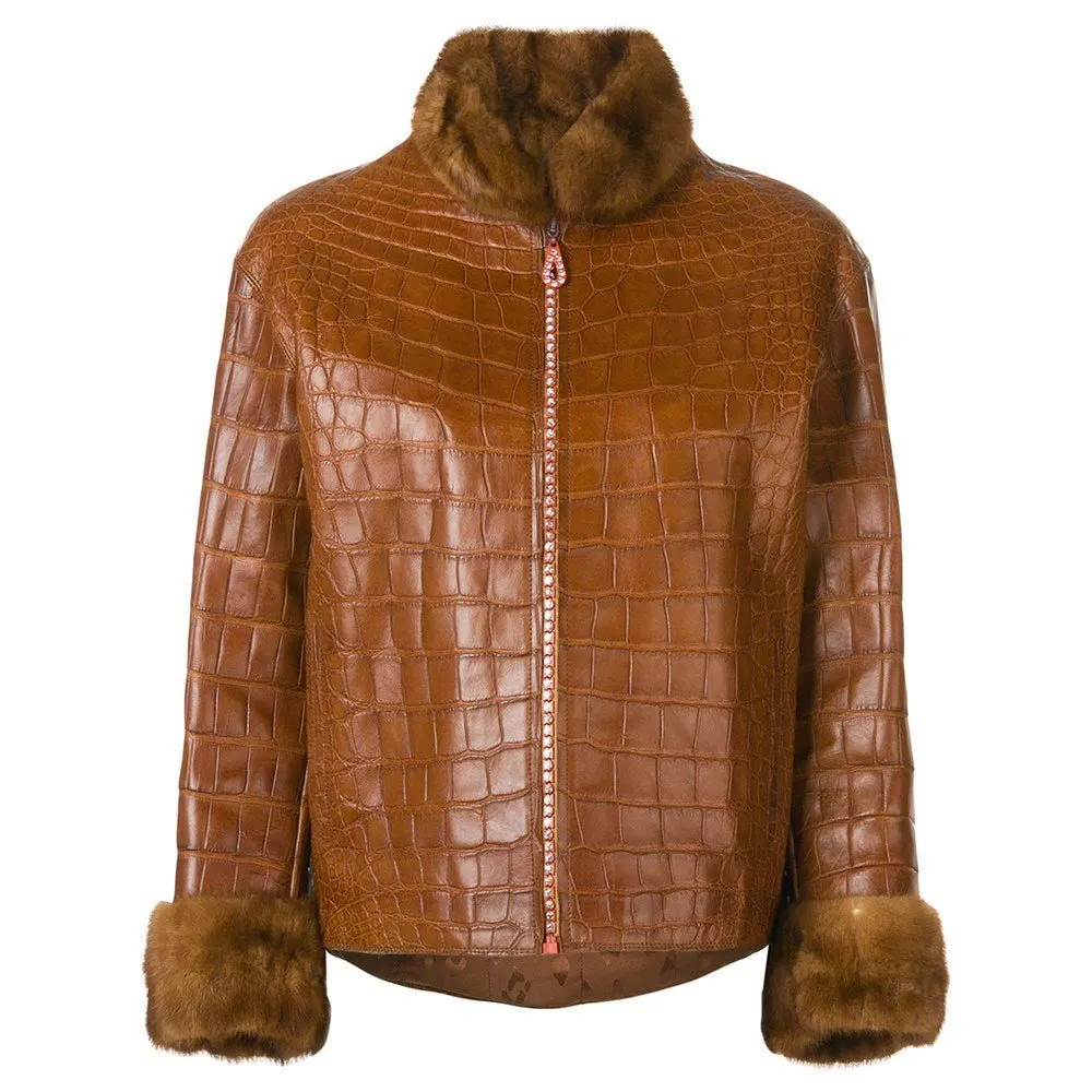 Unsigned Brown Crocodile Leather Jacket - '90s Brown Leather Good - Front View