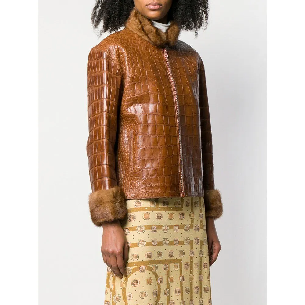 Unsigned Brown Crocodile Leather Jacket - '90s Brown Leather Good - Inside View