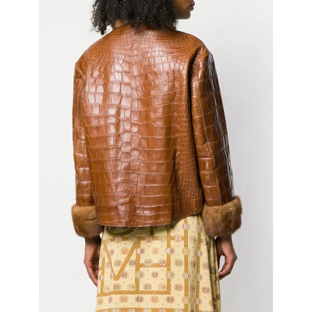Unsigned Brown Crocodile Leather Jacket - '90s Brown Leather Good - Model View