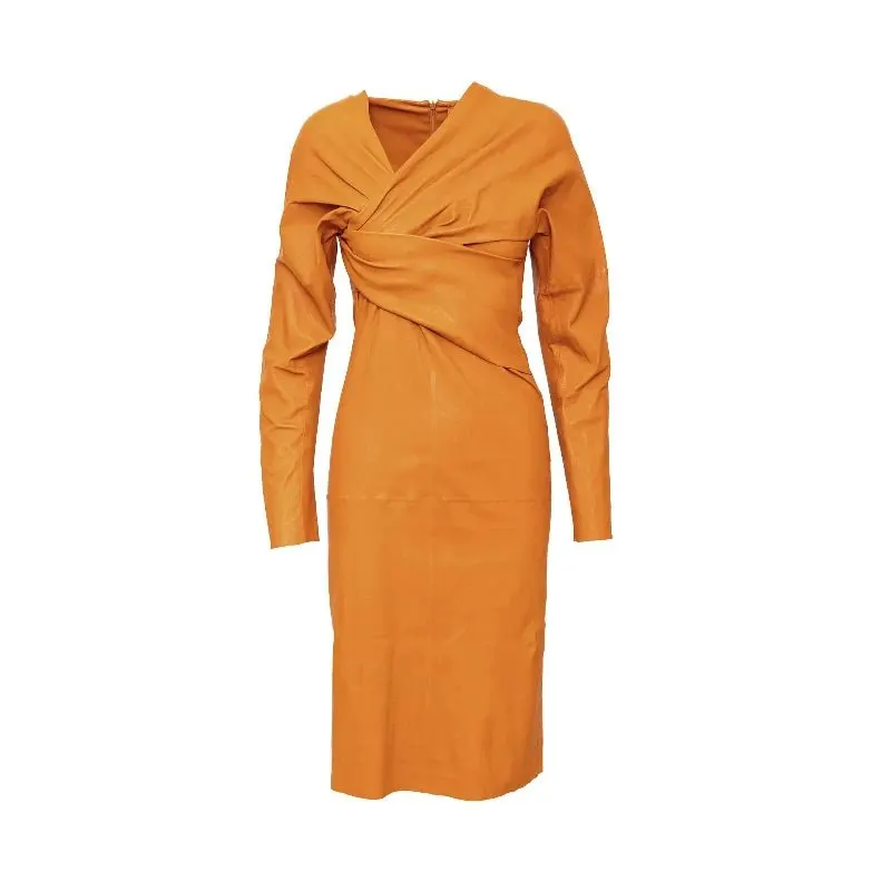 Bottega Veneta Leather Midi Dress - '20s Orange Leather Good - Front View