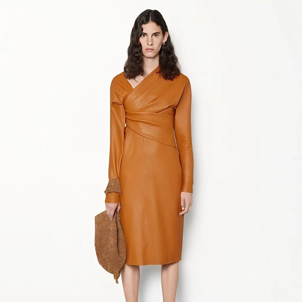 Bottega Veneta Leather Midi Dress - '20s Orange Leather Good - Back View