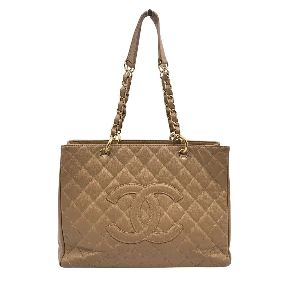 Chanel Tote Bag Grand shopping Beige Leather Good - Front View