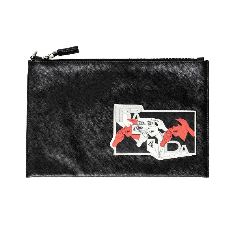 Prada Saffiano Comic Patch Pouch - '20s Black Leather Good - Front View