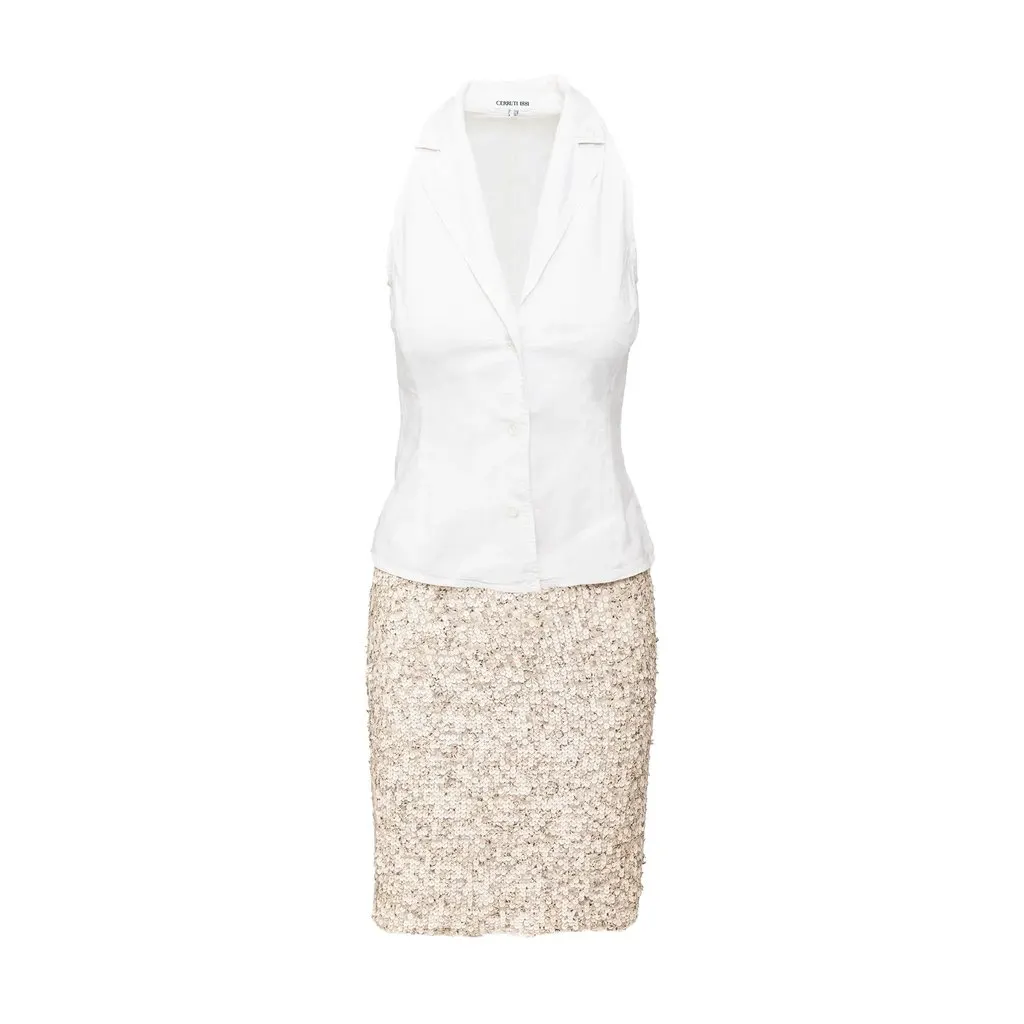 Unsigned Cerruti 1881 Sequin Skirt and Shirt Set - '90s White Silk Good - Front View