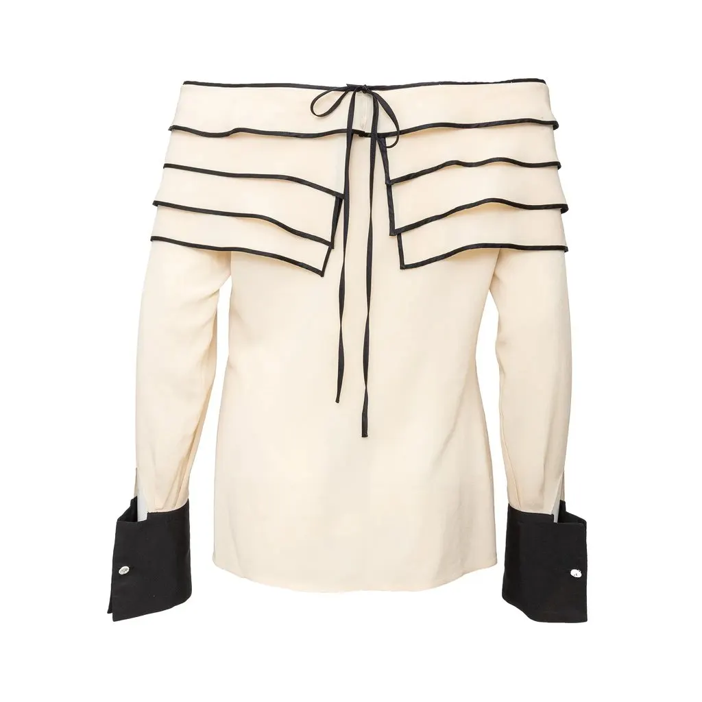 Gianni Versace Couture Off Shoulder Top - '90s Beige Silk Good - Model View