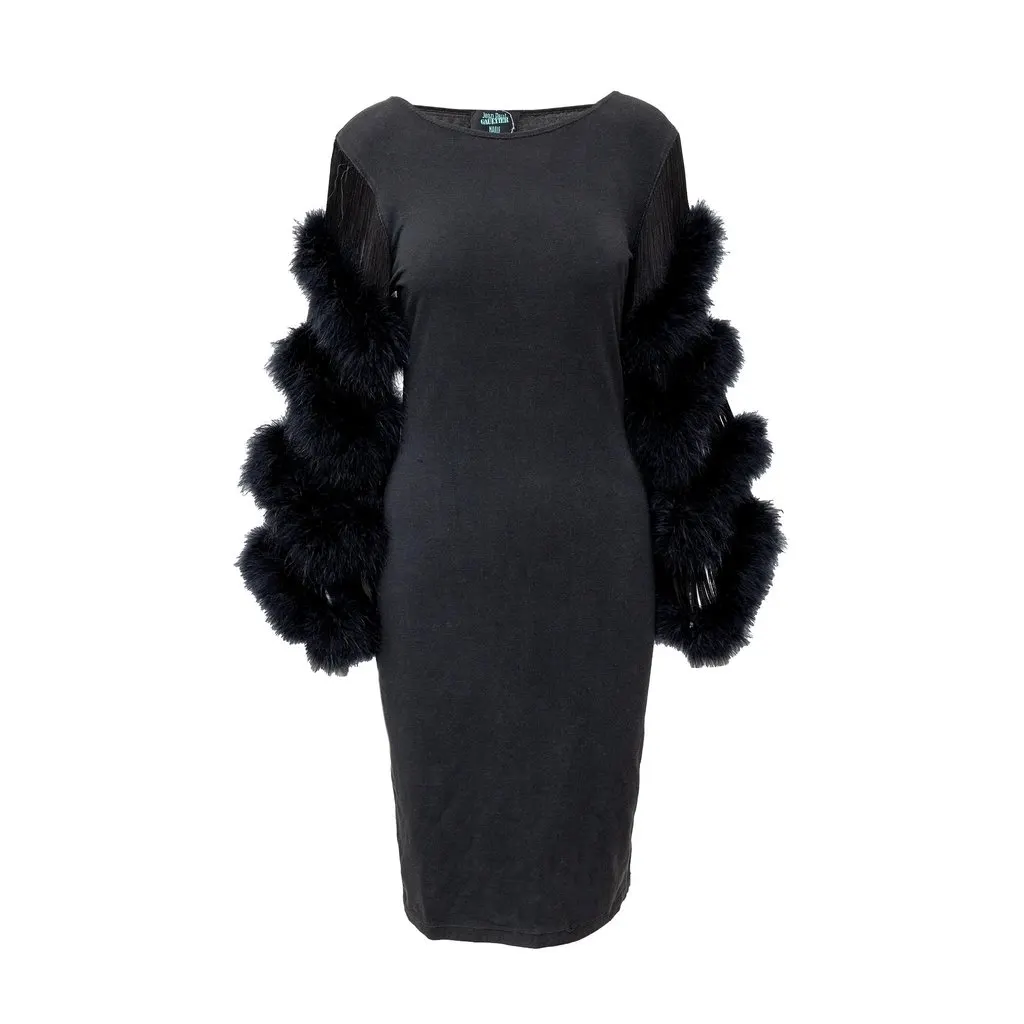 Jean Paul Gaultier Fur and Fringe Sleeve Dress - '90s Black Cotton Good - Front View