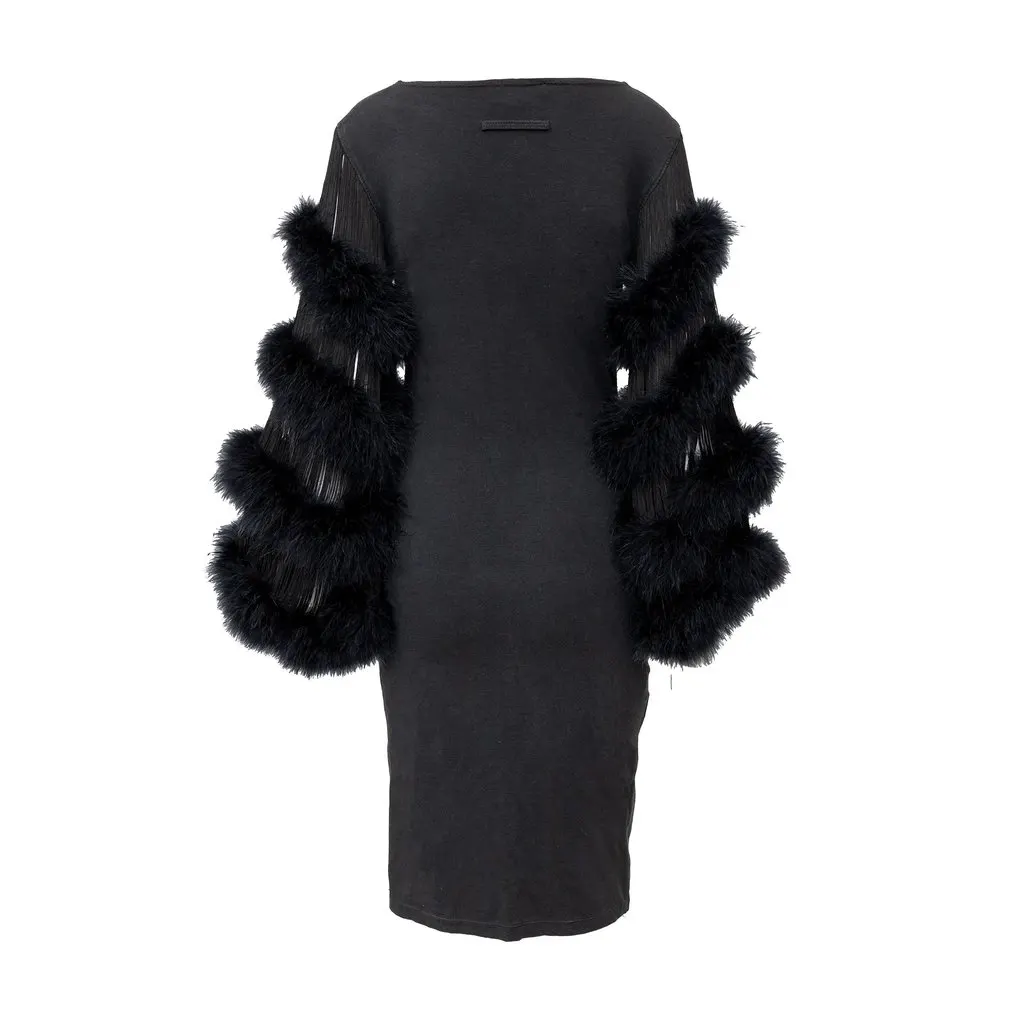 Jean Paul Gaultier Fur and Fringe Sleeve Dress - '90s Black Cotton Good - Inside View
