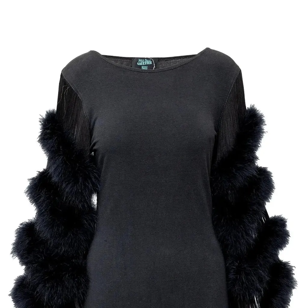 Jean Paul Gaultier Fur and Fringe Sleeve Dress - '90s Black Cotton Good - Model View