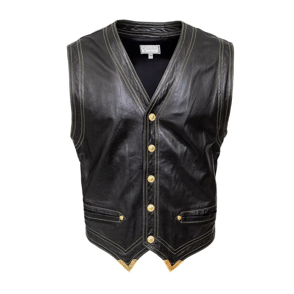 Gianni Versace Versus Leather Vest - '90s Black Leather Good - Front View