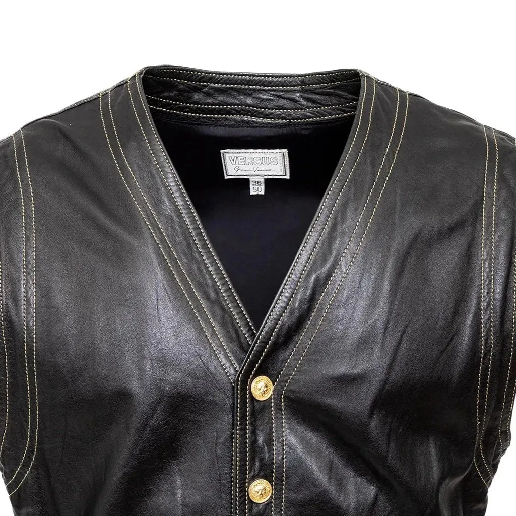 Gianni Versace Versus Leather Vest - '90s Black Leather Good - Model View