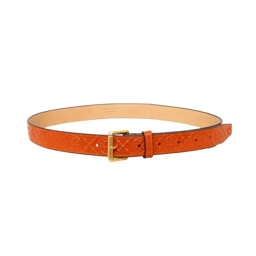 Tory Burch Logo Embossed Belt - '10s Orange Leather Good - Front View