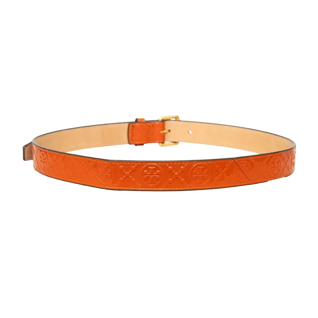 Tory Burch Logo Embossed Belt - '10s Orange Leather Good - Model View