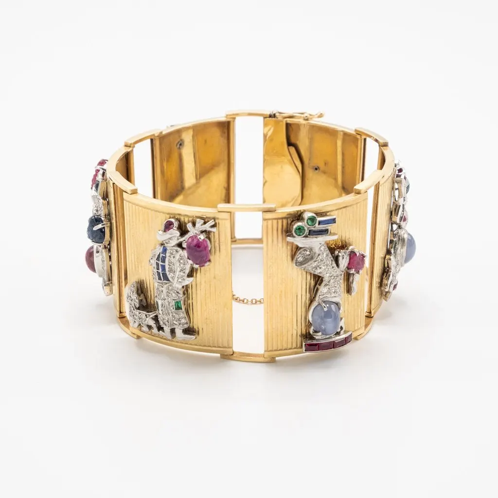 Unsigned Extraordinary French Gold Bracelet with Gem-Set Panels - '40s Gold Good - Back View