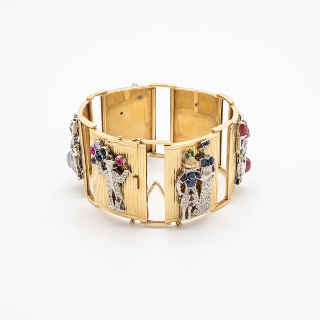 Unsigned Extraordinary French Gold Bracelet with Gem-Set Panels - '40s Gold Good - Model View