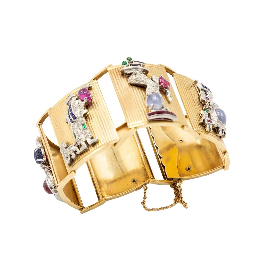 Unsigned Extraordinary French Gold Bracelet with Gem-Set Panels - '40s Gold Good - Box View