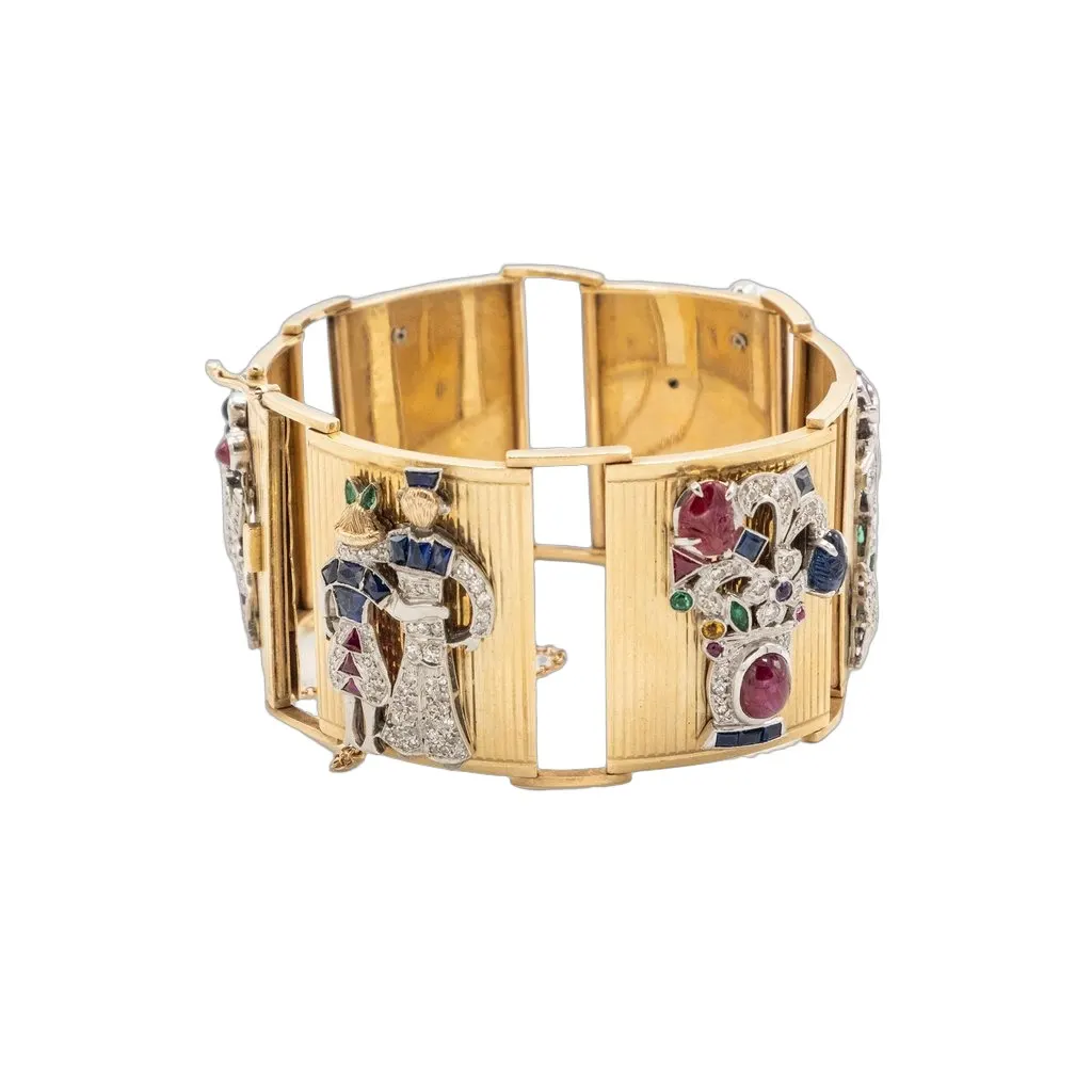 Unsigned Extraordinary French Gold Bracelet with Gem-Set Panels - '40s Gold Good - Front View
