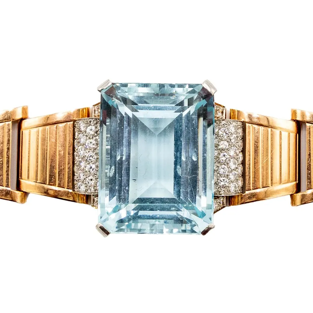 Unsigned Retro 18k Gold Bracelet with Aquamarine and Diamonds – '40s Gold Good - Front View
