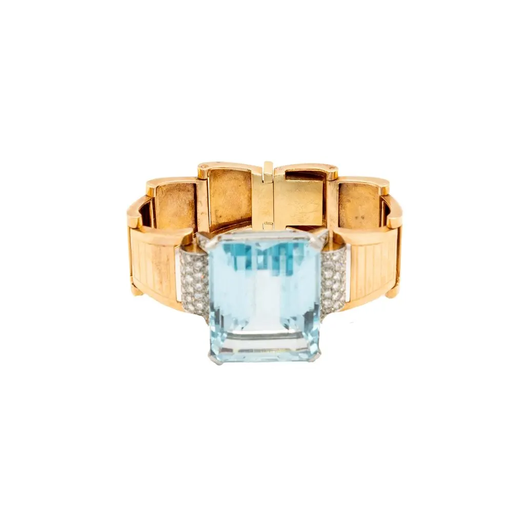 Unsigned Retro 18k Gold Bracelet with Aquamarine and Diamonds – '40s Gold Good - Back View