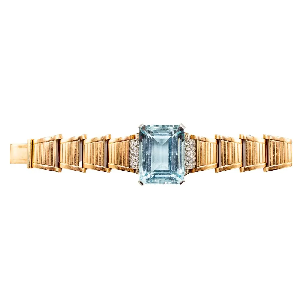 Unsigned Retro 18k Gold Bracelet with Aquamarine and Diamonds – '40s Gold Good - Inside View