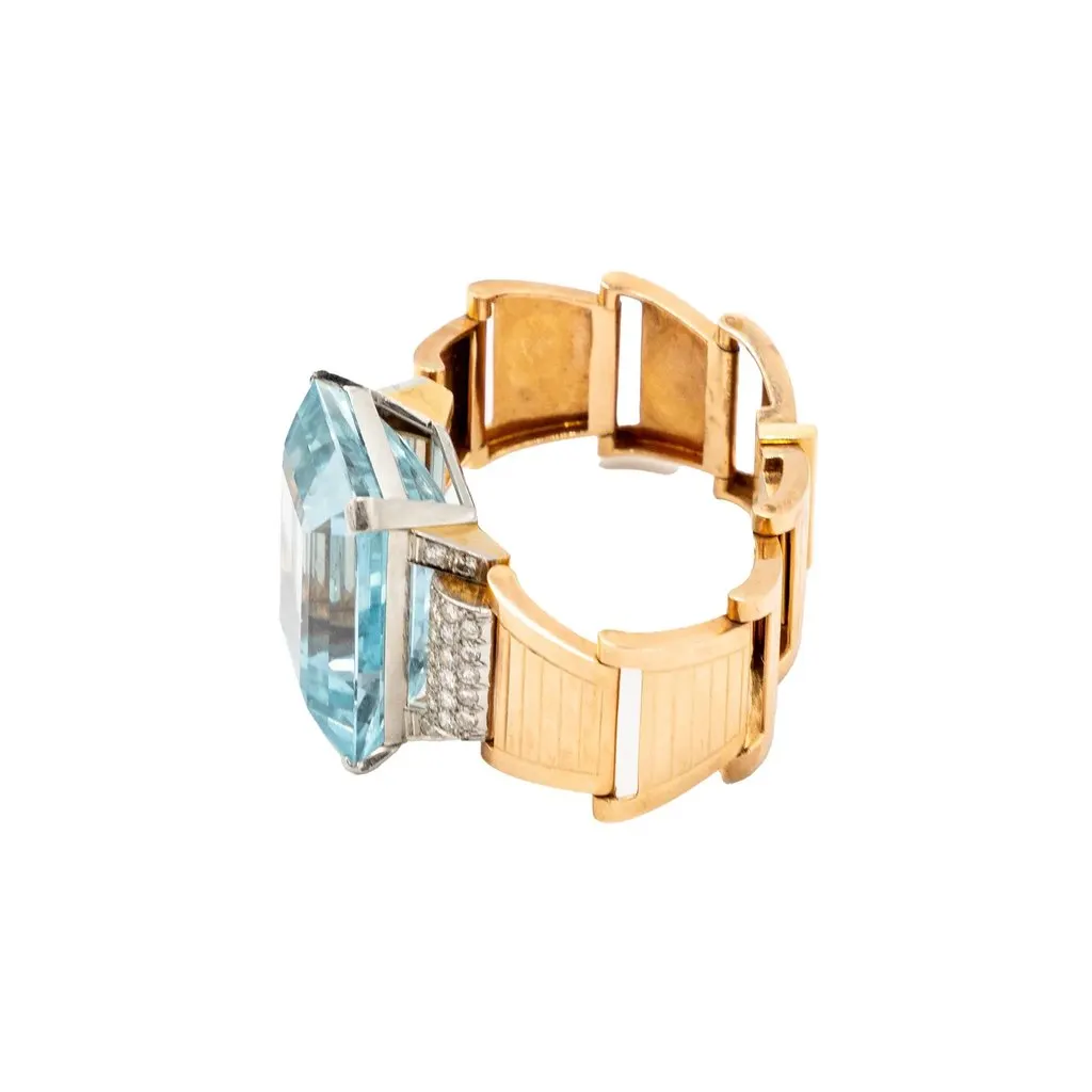 Unsigned Retro 18k Gold Bracelet with Aquamarine and Diamonds – '40s Gold Good - Box View