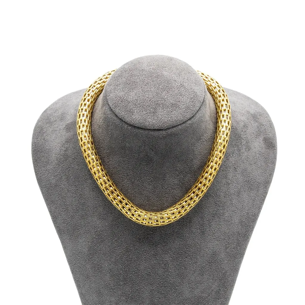 Unsigned Vintage 18K Yellow Gold Woven Collar Necklace - '80s Yellow Lace Good - Front View