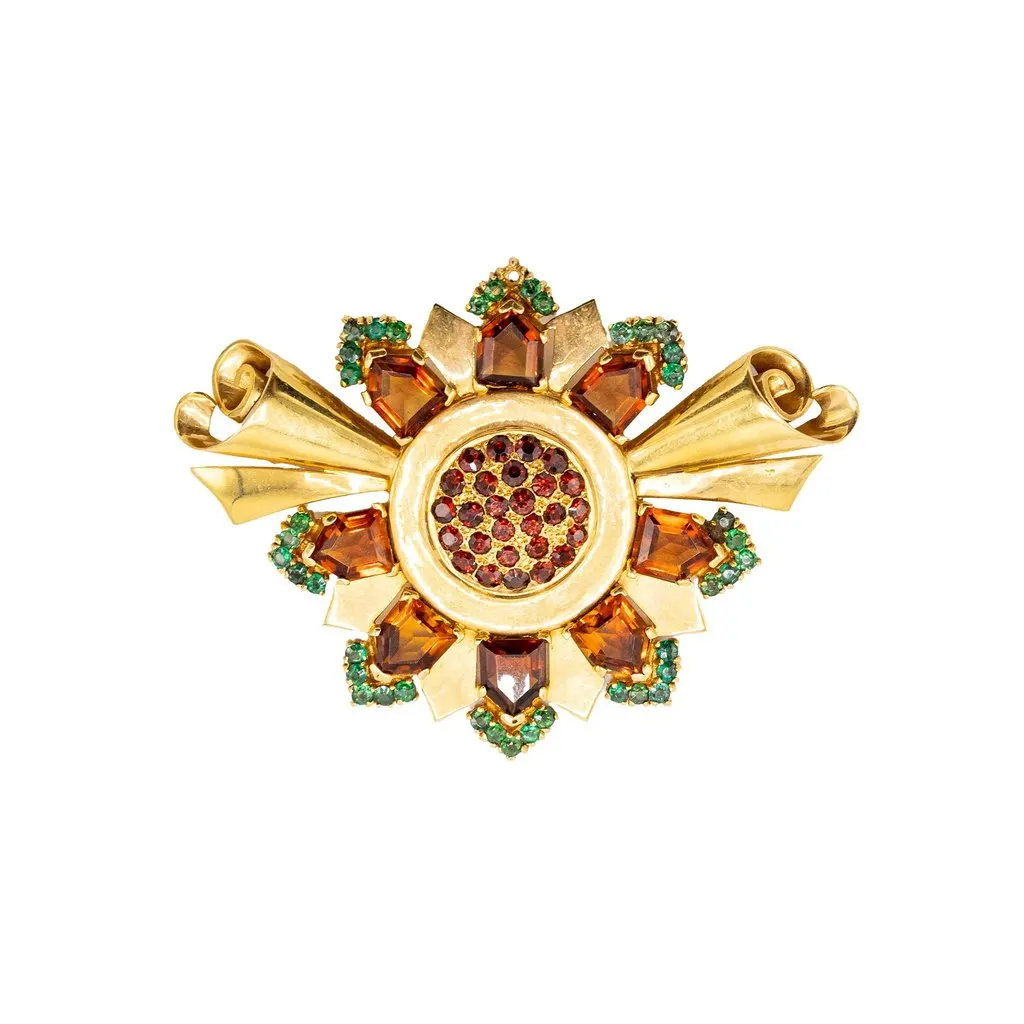 Unsigned Retro Sunburst Brooch in Gold with Garnet and Emerald Accents ' 60s Gold Good - Front View