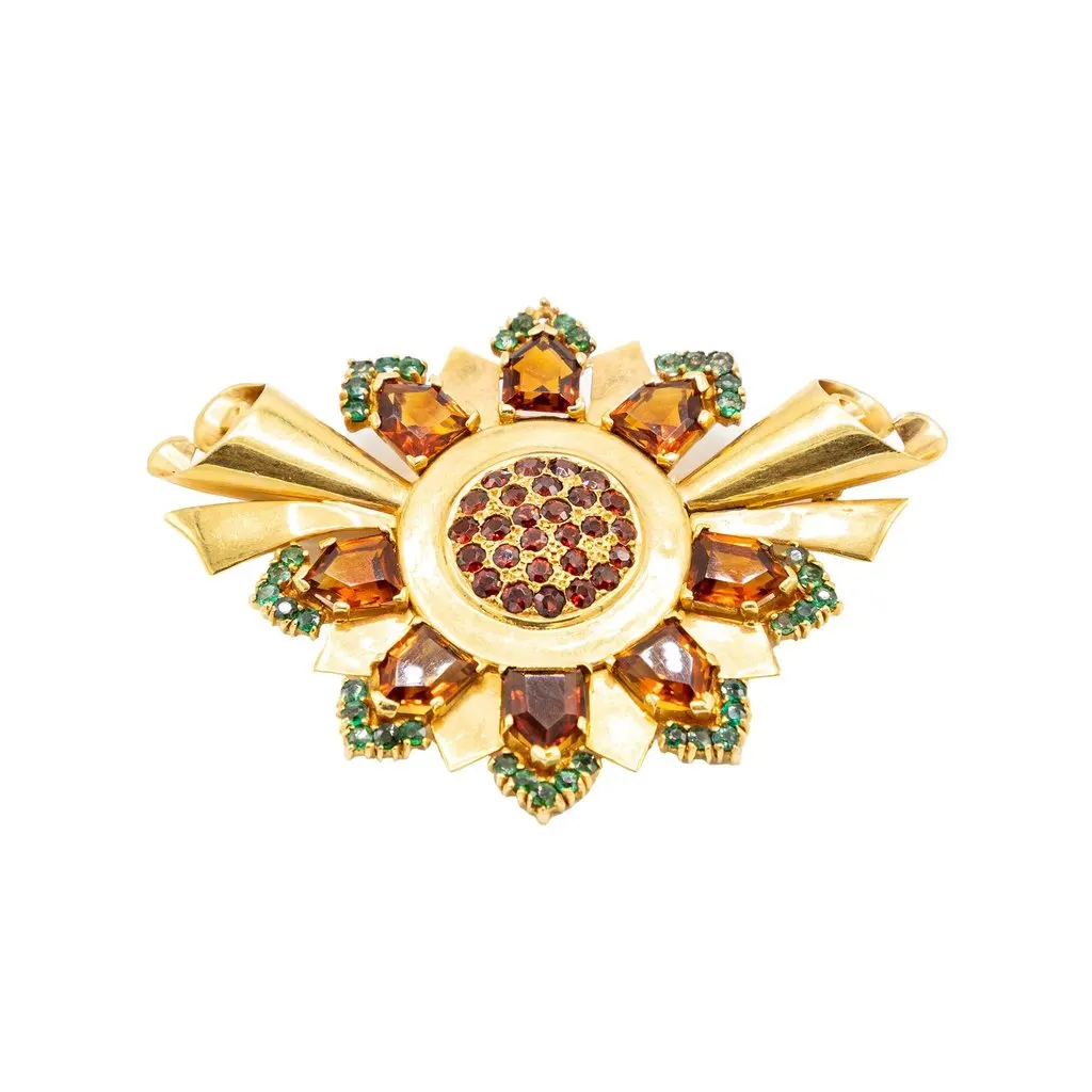 Unsigned Retro Sunburst Brooch in Gold with Garnet and Emerald Accents ' 60s Gold Good - Back View