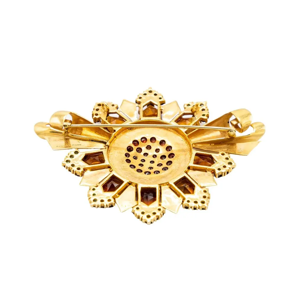 Unsigned Retro Sunburst Brooch in Gold with Garnet and Emerald Accents ' 60s Gold Good - Inside View