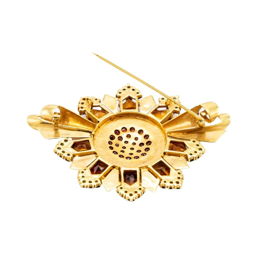 Unsigned Retro Sunburst Brooch in Gold with Garnet and Emerald Accents ' 60s Gold Good - Model View