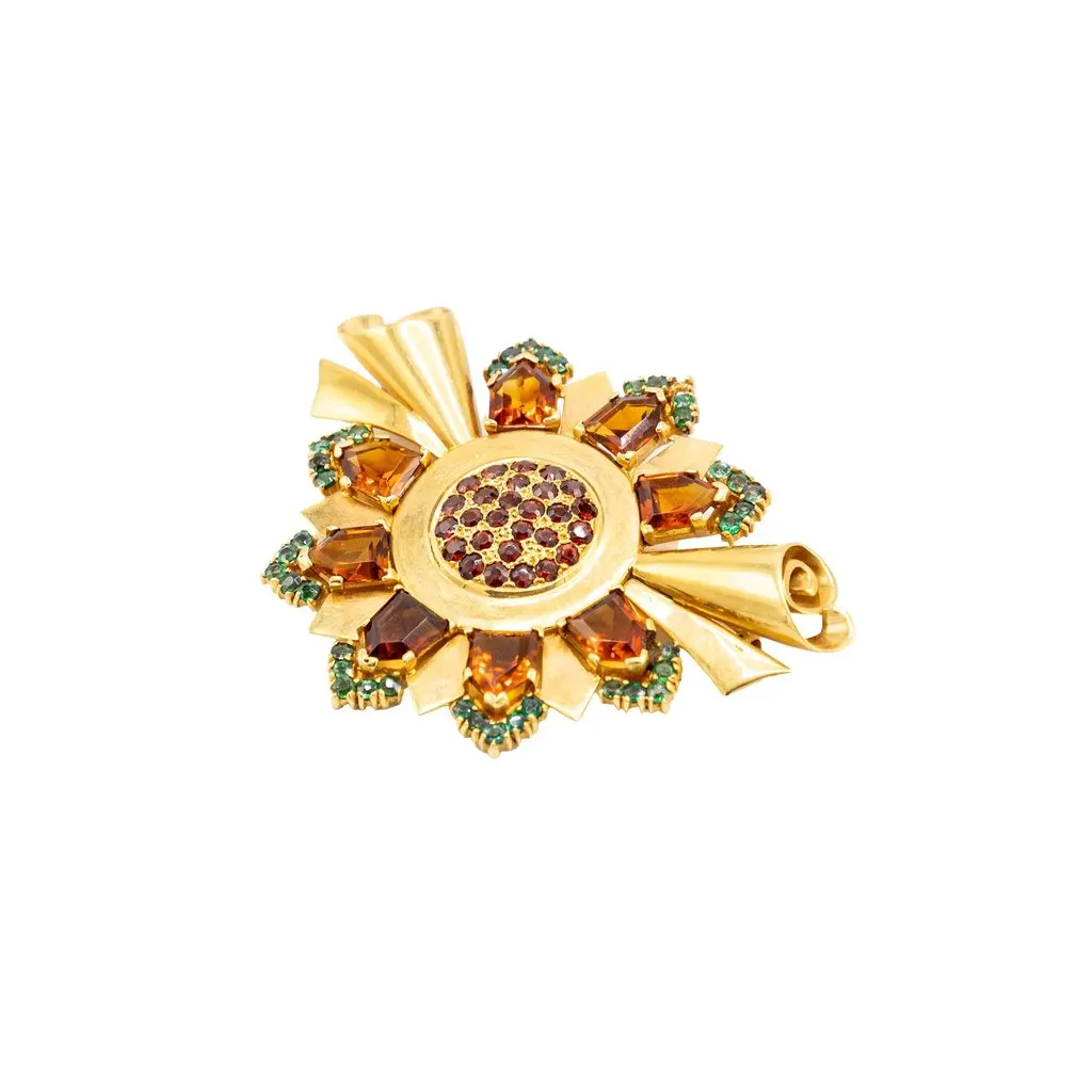 Unsigned Retro Sunburst Brooch in Gold with Garnet and Emerald Accents ' 60s Gold Good - Box View