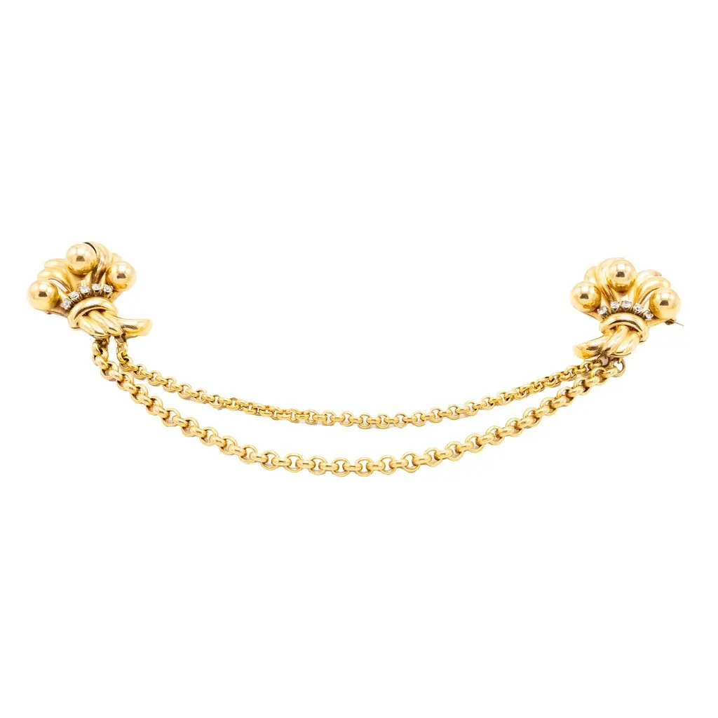 Unsigned Vintage 18K Gold Double Clip Brooch with Diamonds – Retro Bow Sheaf Design - '40s Gold Good - Front View