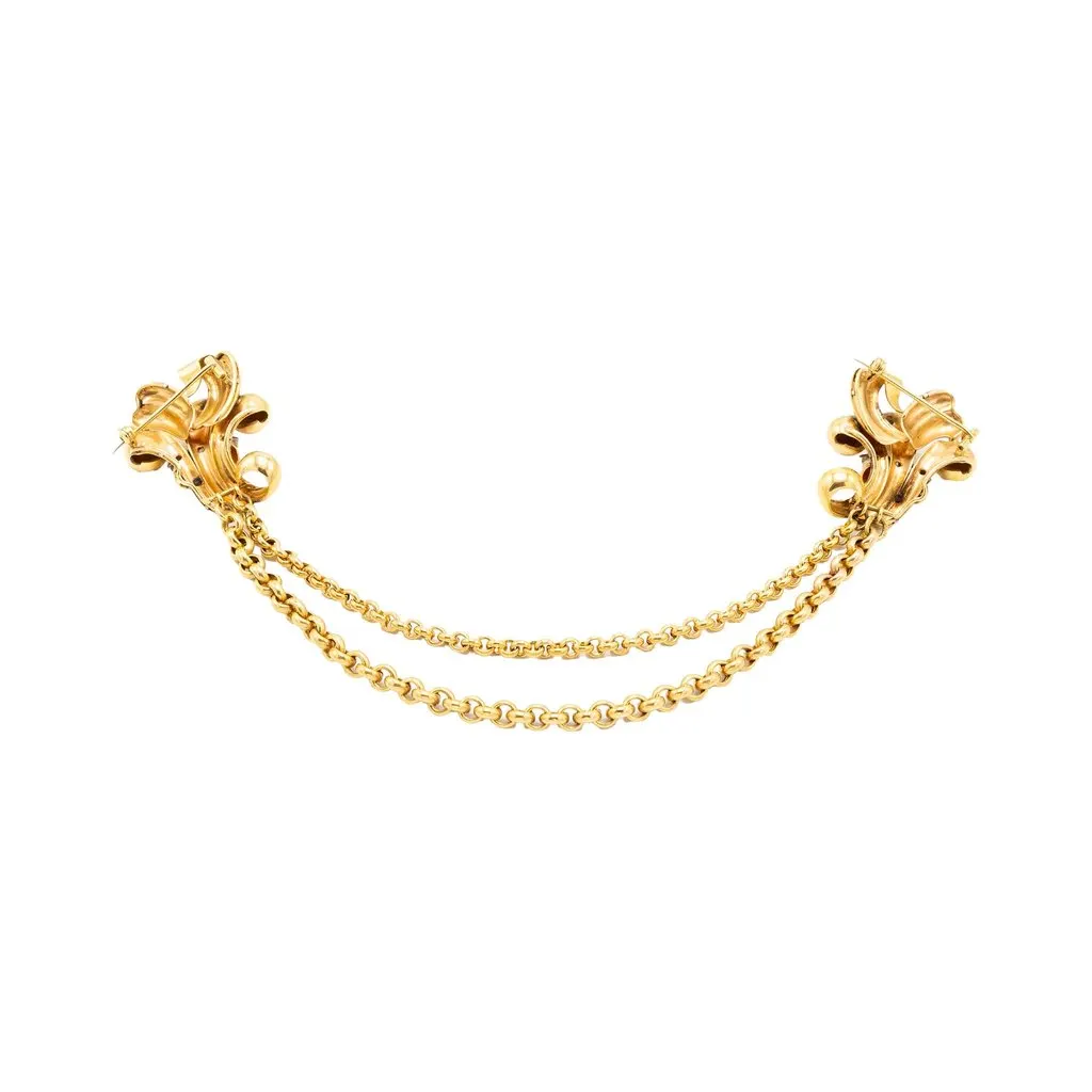 Unsigned Vintage 18K Gold Double Clip Brooch with Diamonds – Retro Bow Sheaf Design - '40s Gold Good - Back View