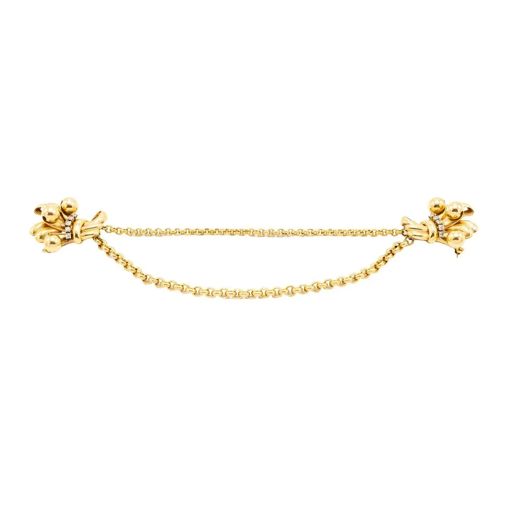 Unsigned Vintage 18K Gold Double Clip Brooch with Diamonds – Retro Bow Sheaf Design - '40s Gold Good - Inside View