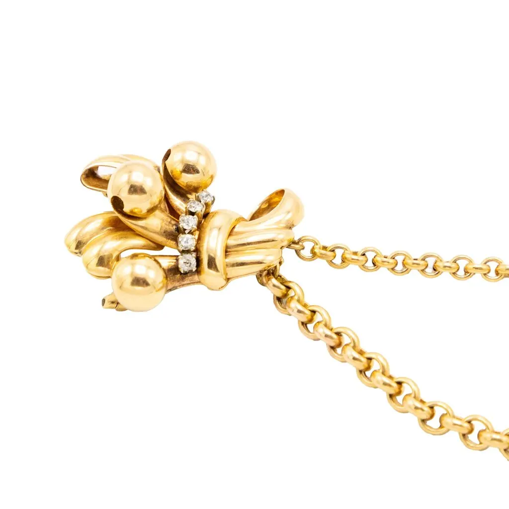 Unsigned Vintage 18K Gold Double Clip Brooch with Diamonds – Retro Bow Sheaf Design - '40s Gold Good - Model View