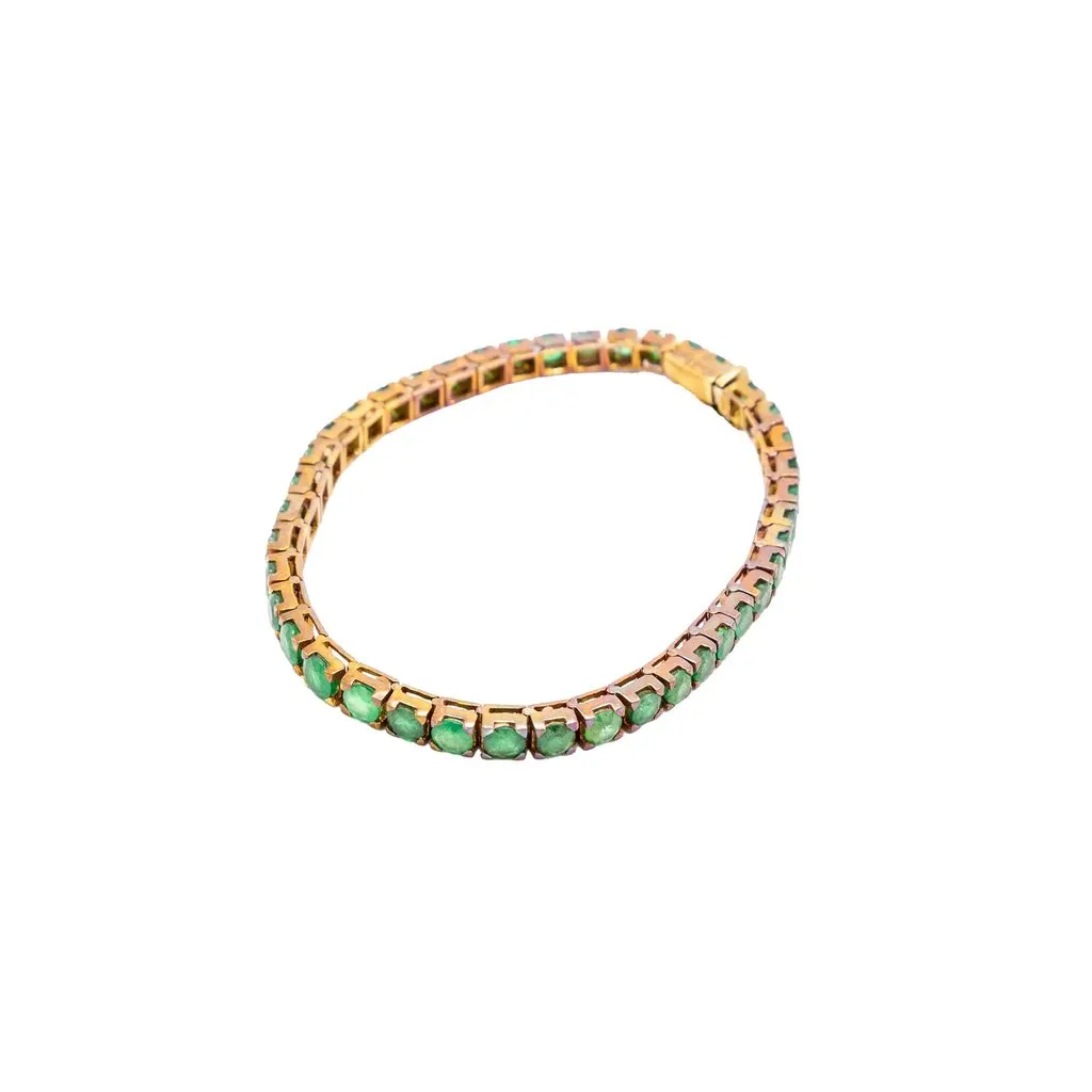 Unsigned 18K Gold Tennis Bracelet with 41 Natural Emeralds - '80s Gold Good - Model View