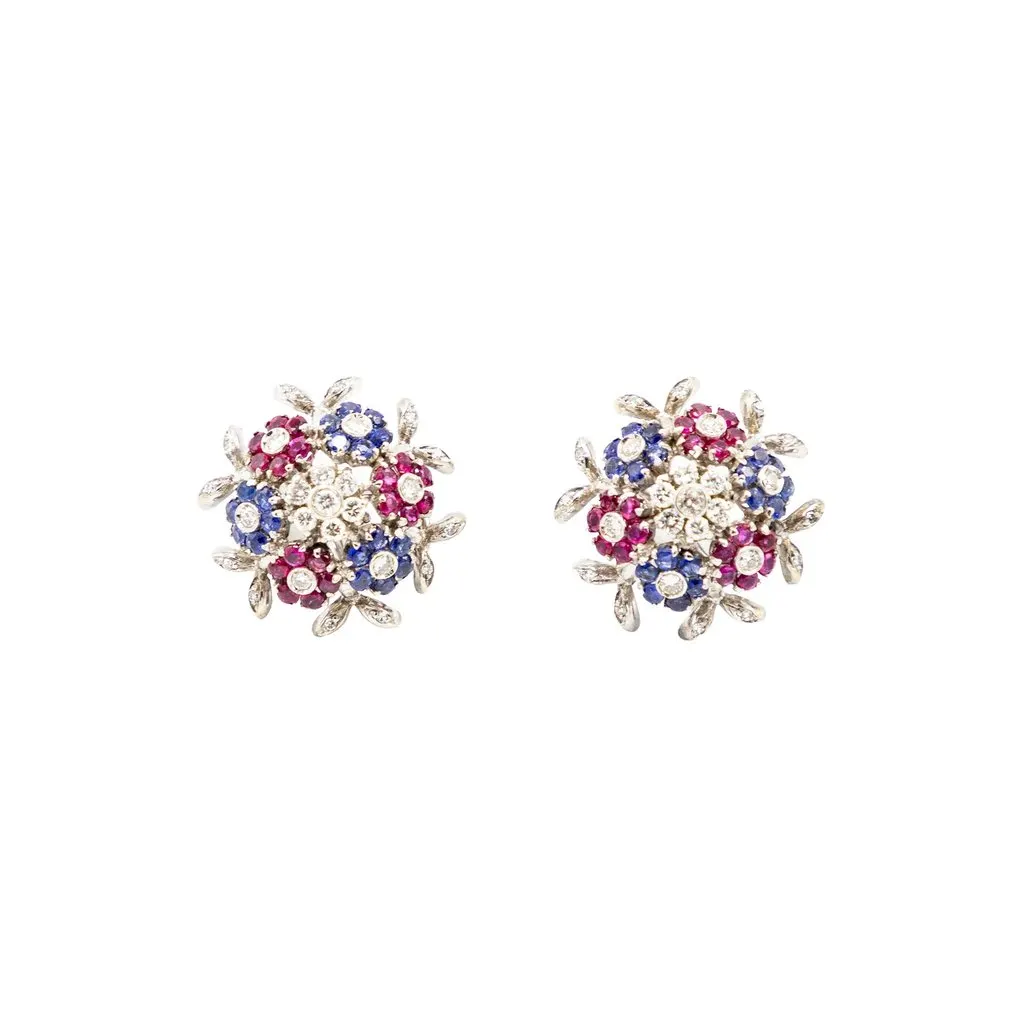 Unsigned Vintage 18K White Gold Gemstone Floral Clip Earrings ' 60s White Good - Front View