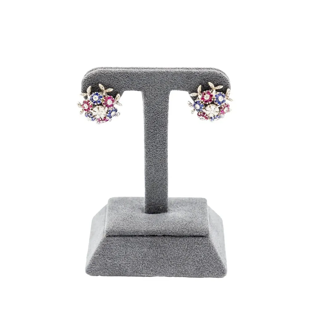 Unsigned Vintage 18K White Gold Gemstone Floral Clip Earrings ' 60s White Good - Inside View