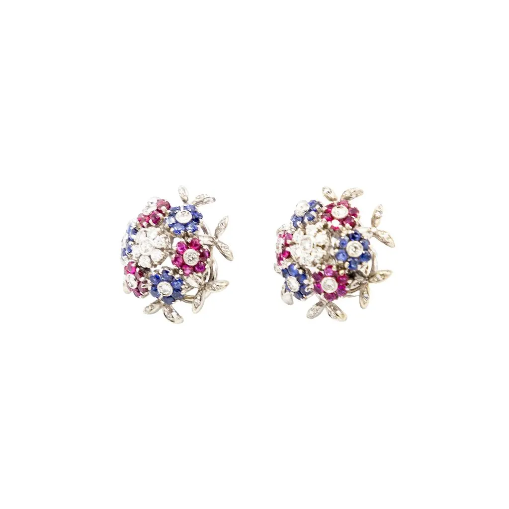 Unsigned Vintage 18K White Gold Gemstone Floral Clip Earrings ' 60s White Good - Box View