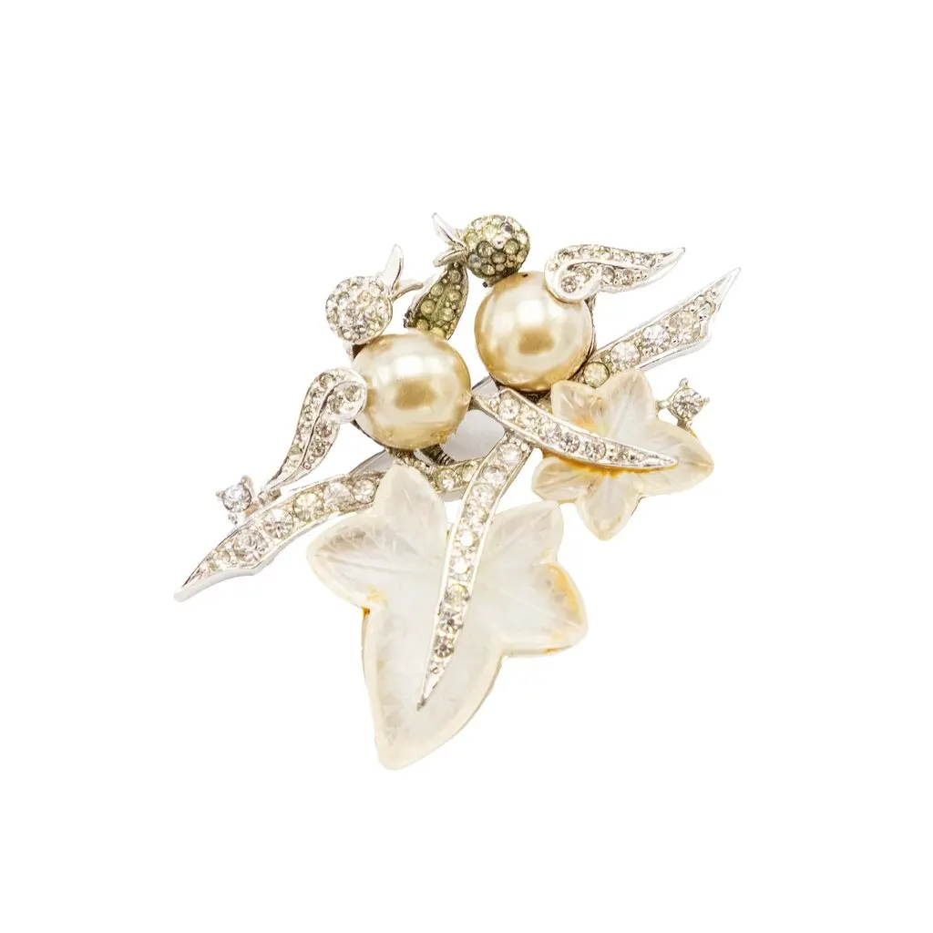 Unsigned Vintage Bird & Leaf Brooch with Faux Pearls and Rhinestones - '50s Green Good - Front View