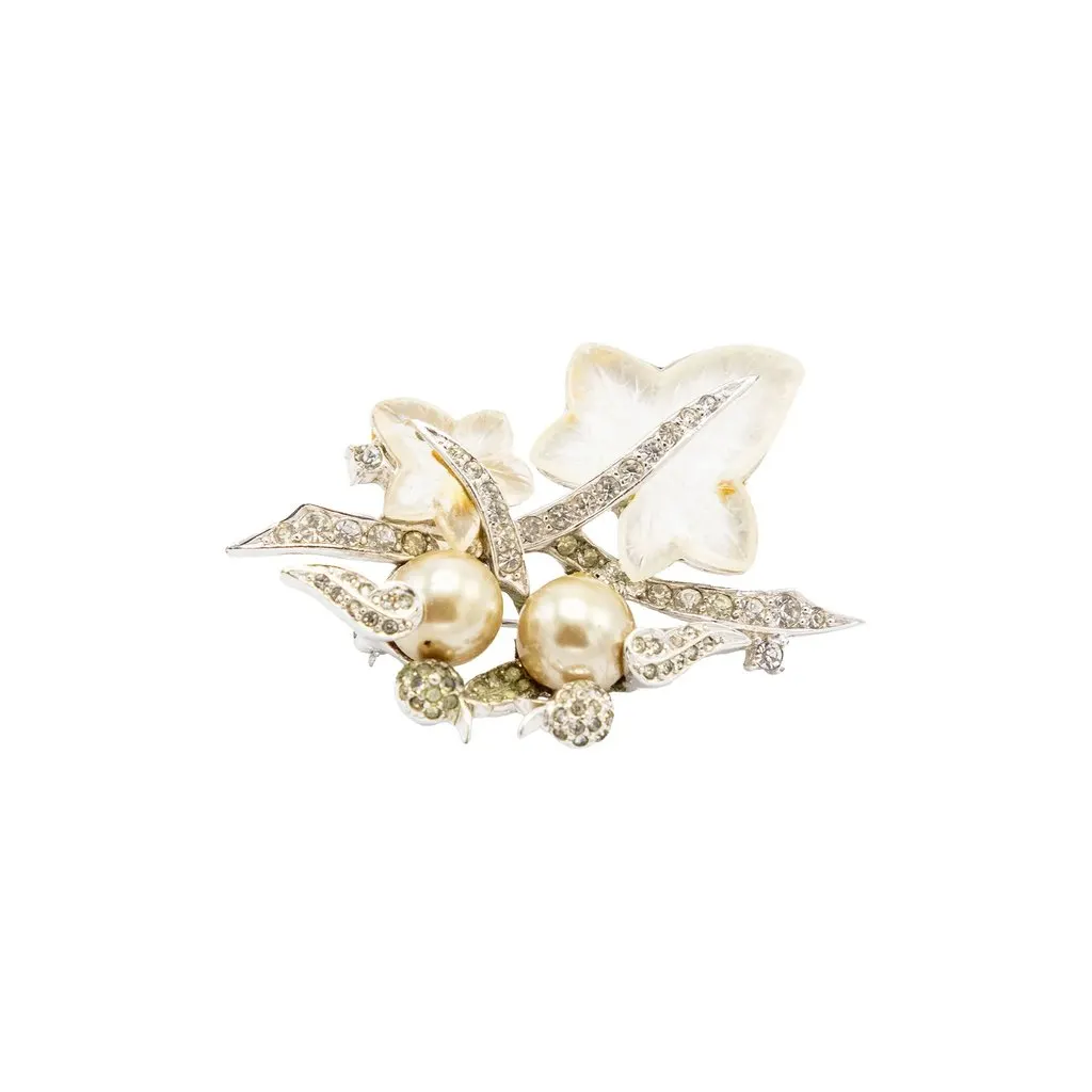 Unsigned Vintage Bird & Leaf Brooch with Faux Pearls and Rhinestones - '50s Green Good - Back View