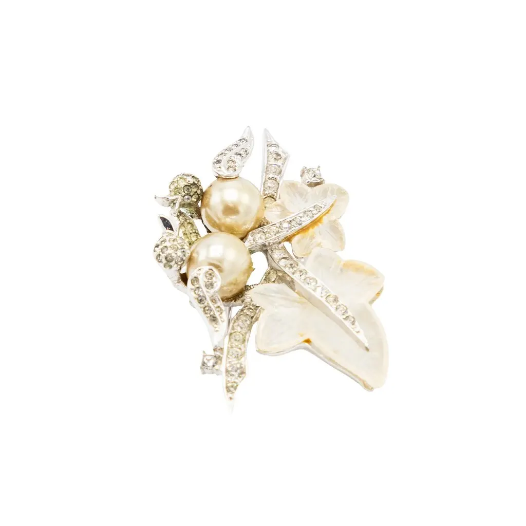 Unsigned Vintage Bird & Leaf Brooch with Faux Pearls and Rhinestones - '50s Green Good - Inside View