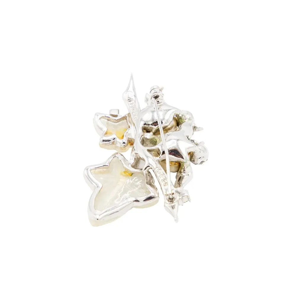 Unsigned Vintage Bird & Leaf Brooch with Faux Pearls and Rhinestones - '50s Green Good - Model View